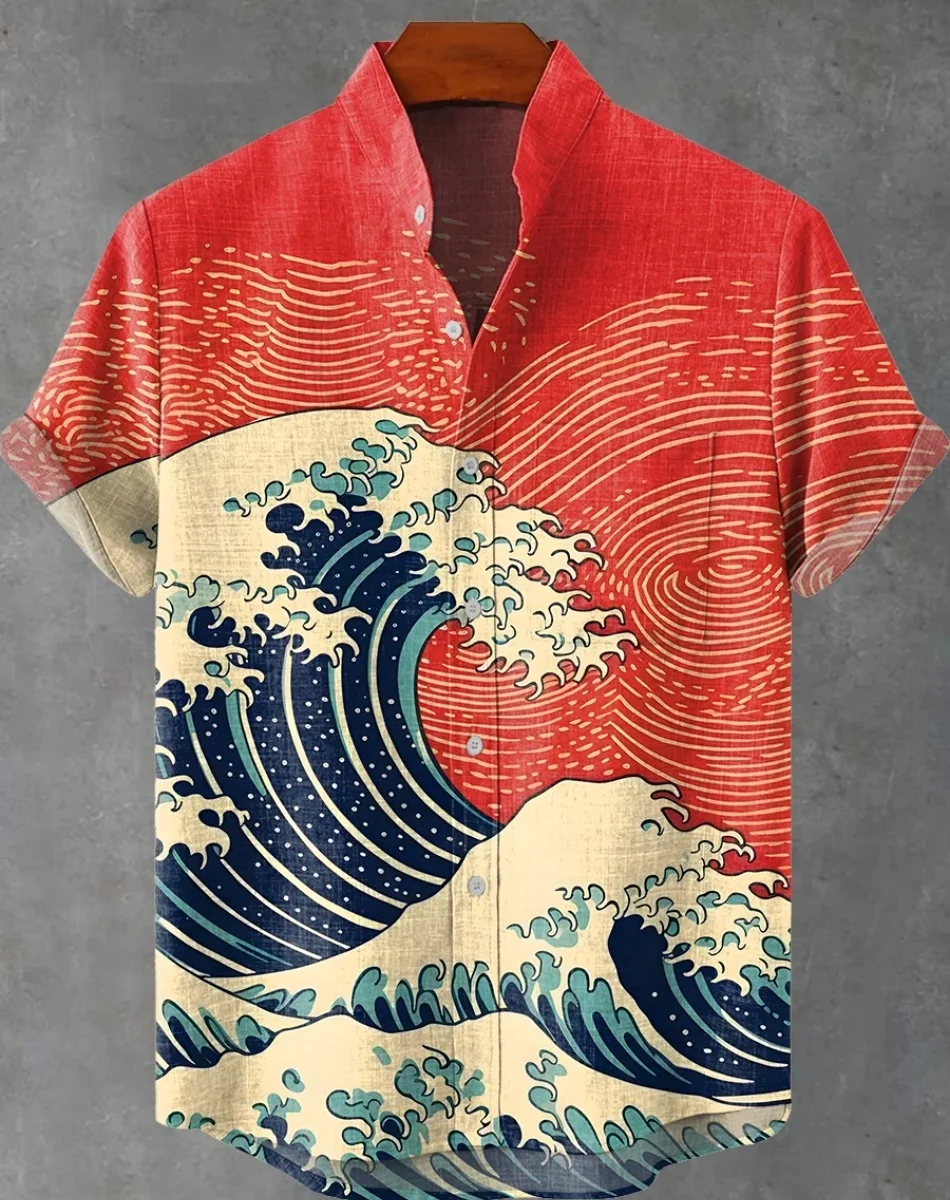 Гавайская мужская льняная рубашка с абстрактным лоскутным узором - Фотография_2