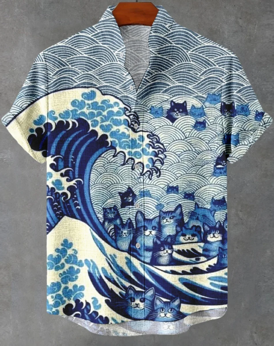 Гавайская мужская льняная рубашка с абстрактным лоскутным узором - Фотография_3