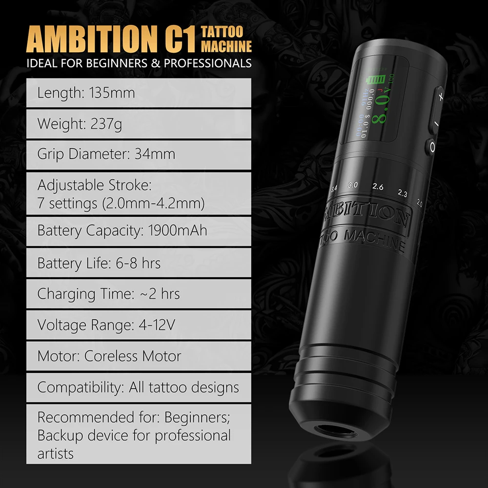 Ambition c1 регулируемая 7-тактная беспроводная тату-машинка 2 - Фотография_4