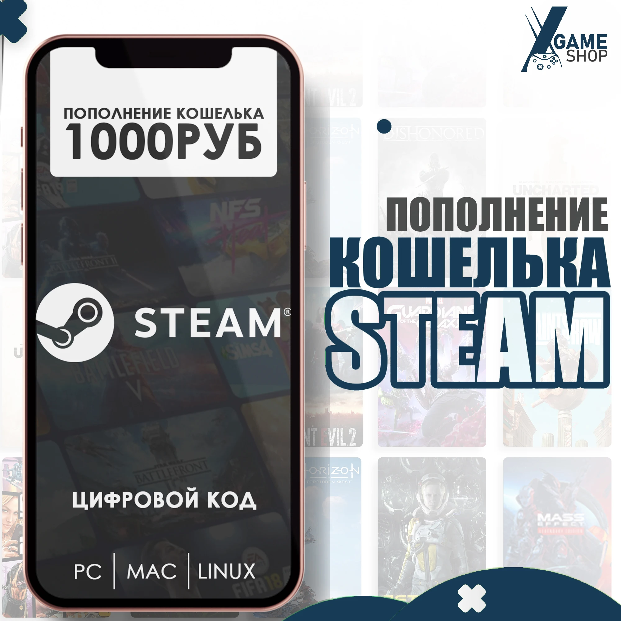 Пополнение кошелька steam на 1000руб (без ограничений в рф