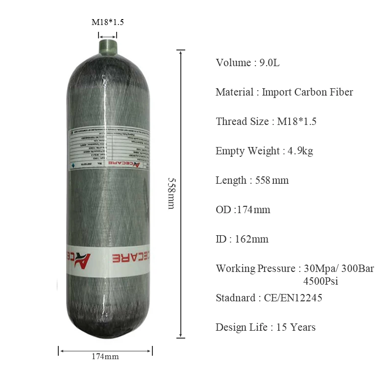 Цилиндр из углеродного волокна acecare 9l 4500psi 300bar hpa - Фотография_6