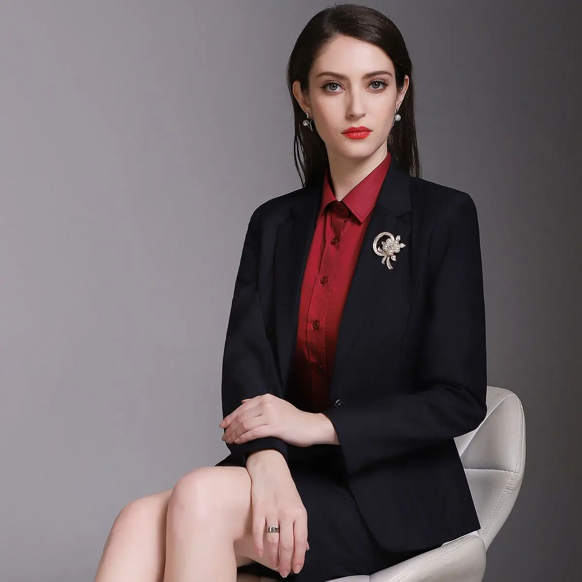 Корейский осенний деловой женский темно-синий пиджак - Фотография_6