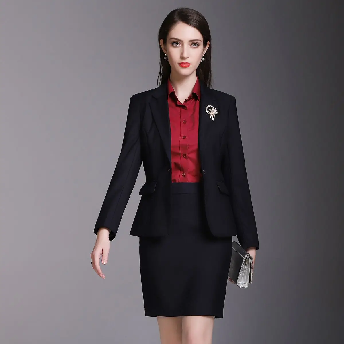 Корейский осенний деловой женский темно-синий пиджак - Фотография_3