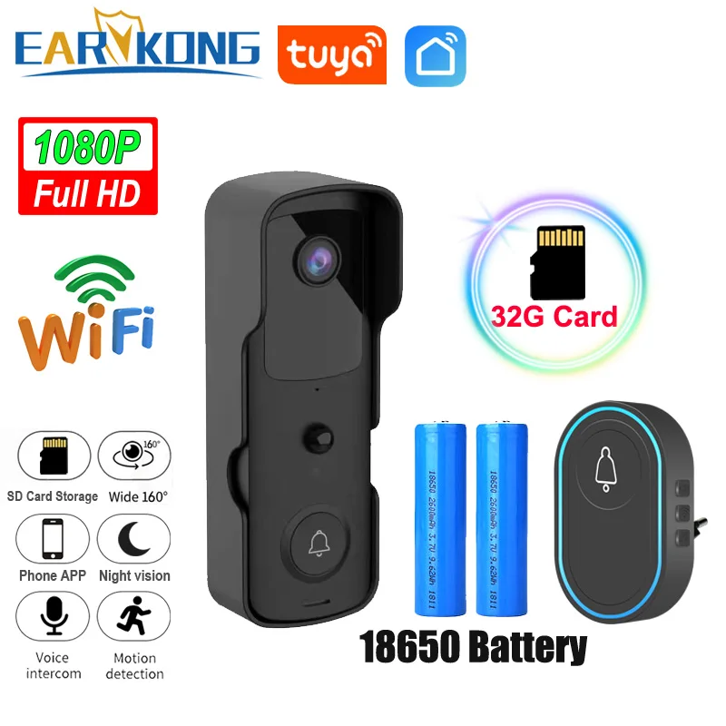 Видеодомофон, беспроводная камера безопасности tuyasmart 1080p hd