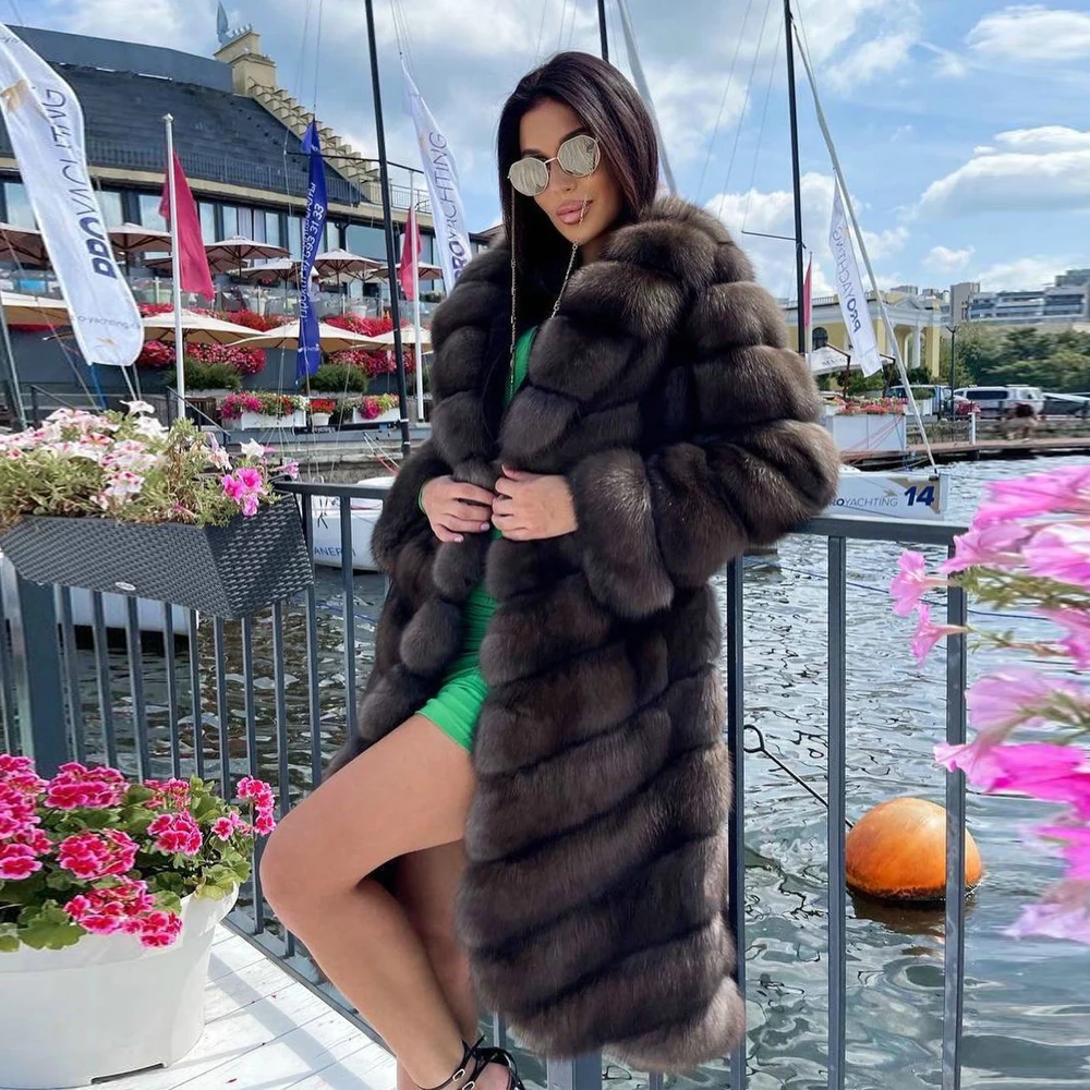 Длинная шуба из натурального лисьего меха для женщин - Фотография_2