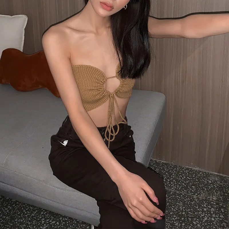 Вязаные сексуальные укороченные топы на бретельках для женщин - Фотография_6