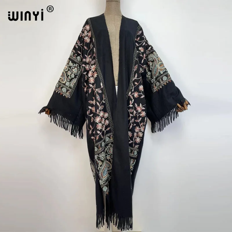 Зимнее женское длинное пальто winyi из пашмины с бахромой и вышивкой