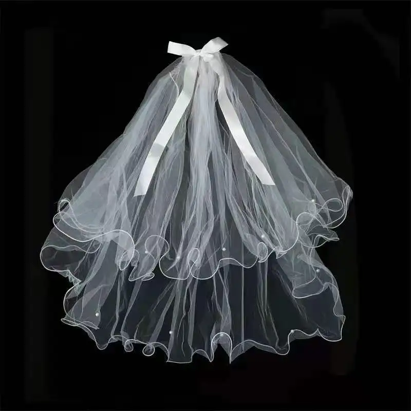 2021 элегантная короткая свадебная фата с бантом и гребнем - Фотография_3