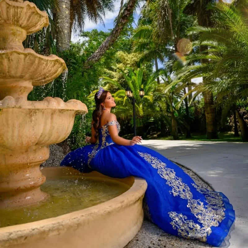 Королевское синее платье quinceanera с открытыми плечами - Фотография_2