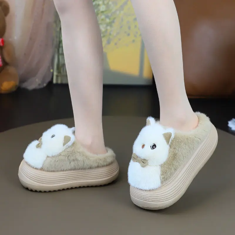 Новые зимние теплые тапочки с изображением кота на платформе 5 см - Фотография_6