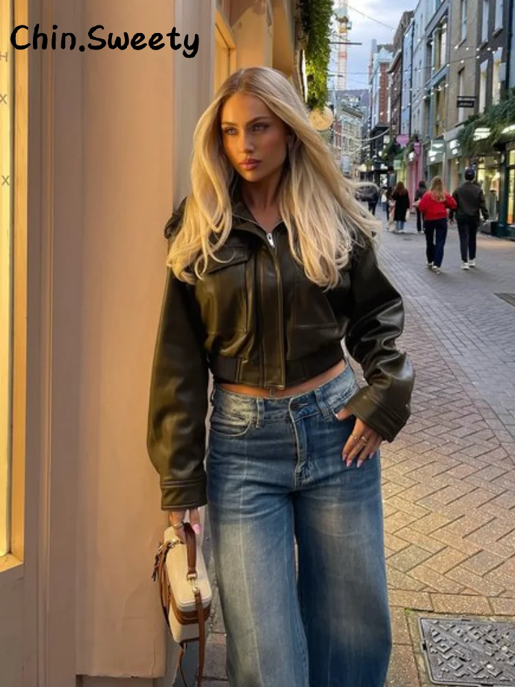 Уличная винтажная укороченная кожаная куртка с карманами - Фотография_2