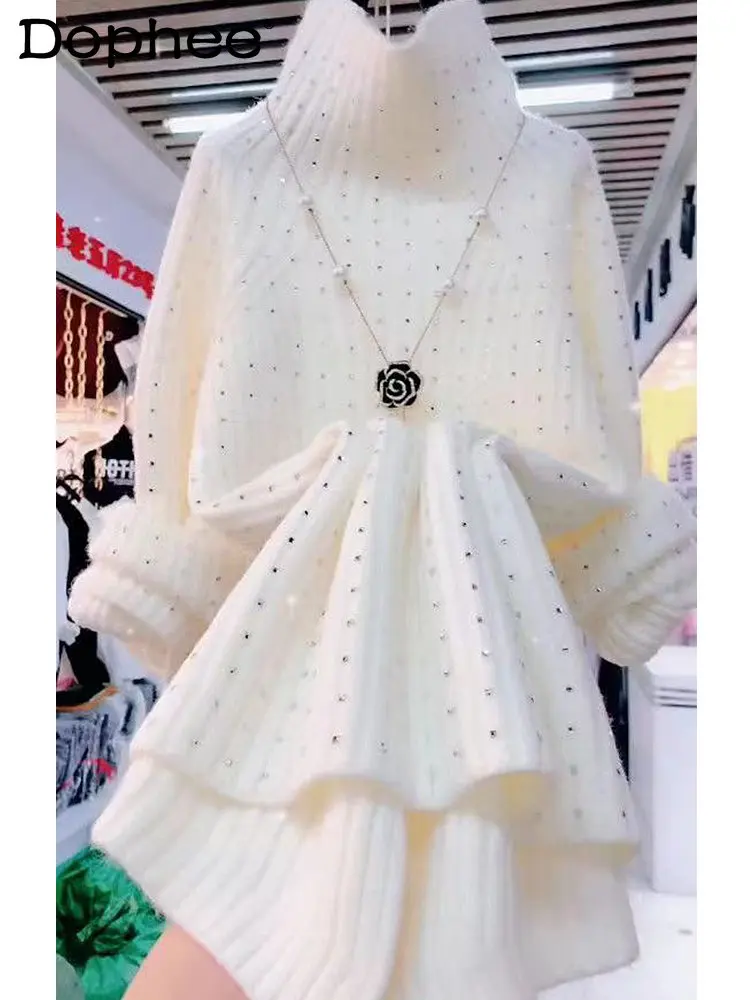 Утолщенный теплый свитер стразы средней длины с высоким воротником