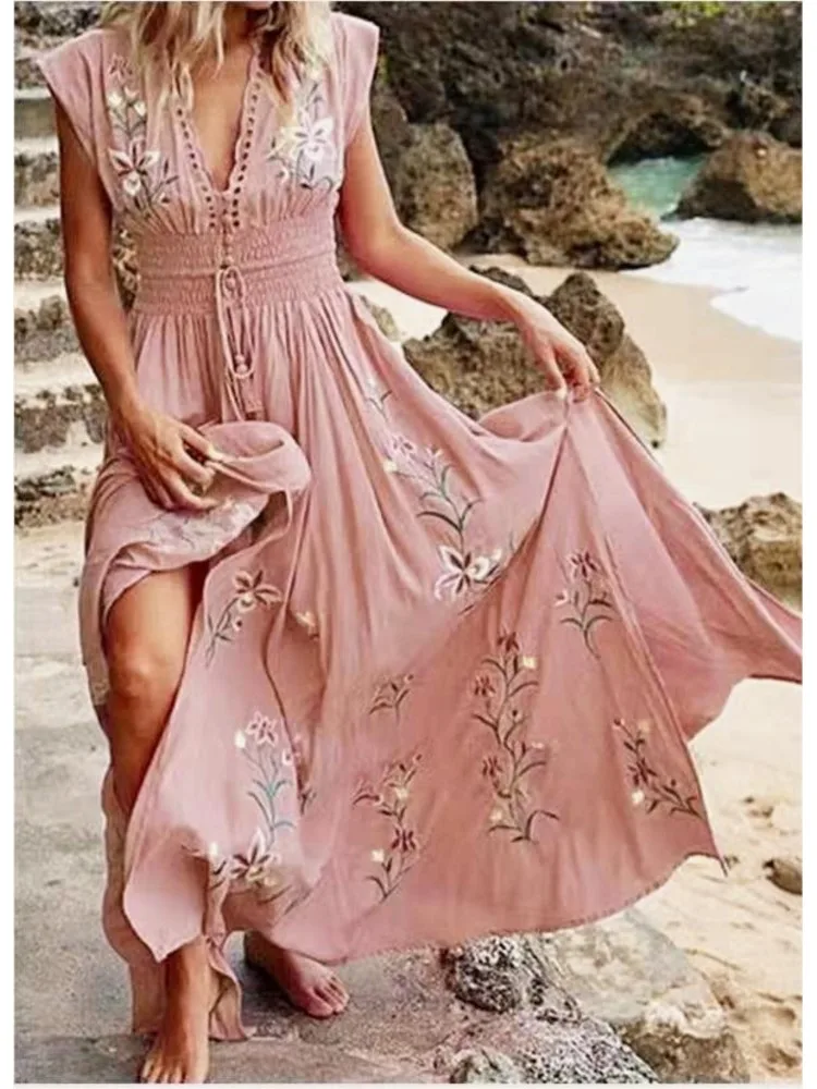 Летнее сексуальное длинное платье без рукавов с v-образным вырезом - Фотография_2