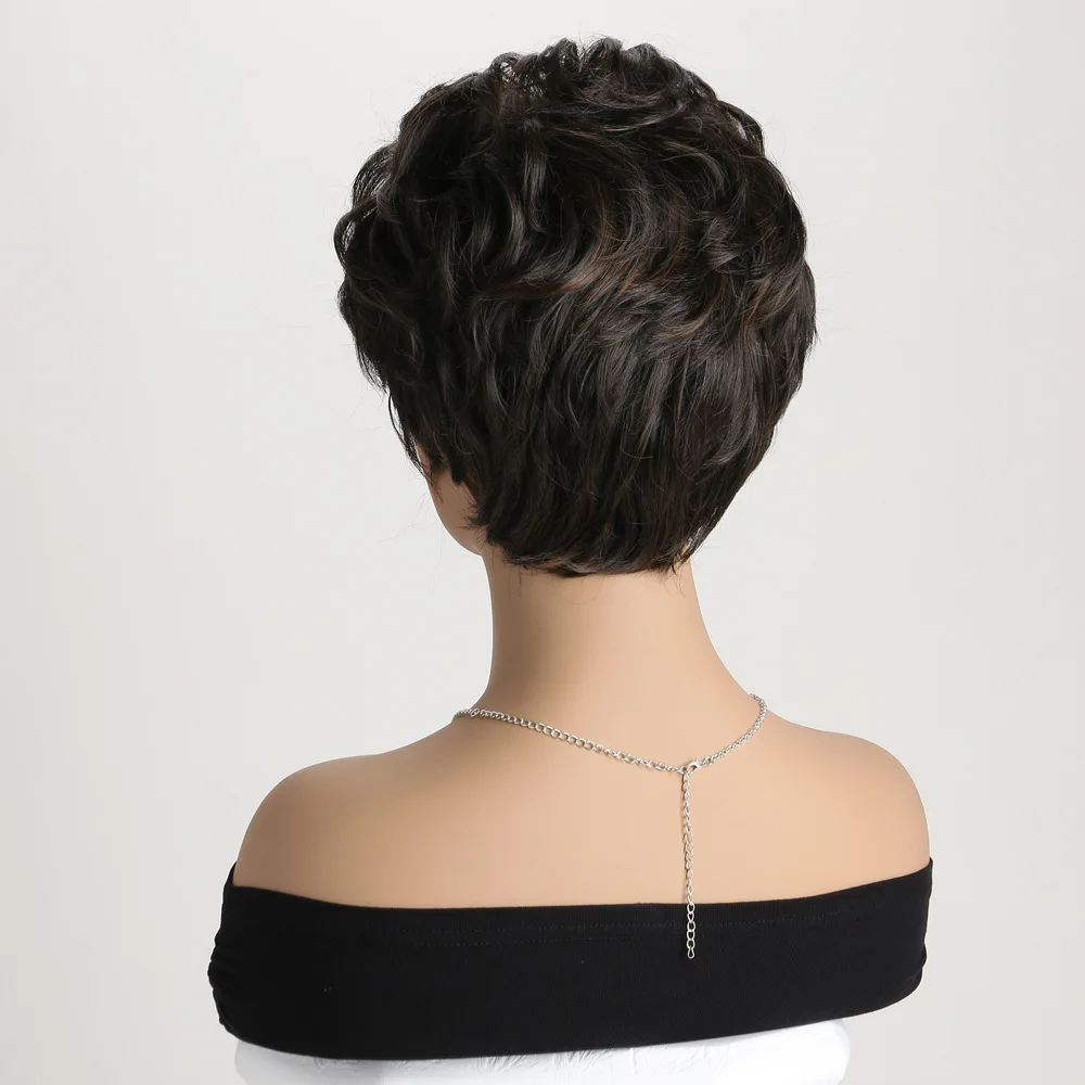 Синтетические короткие черно-коричневые парики с стрижкой пикси для женщин - Фотография_5