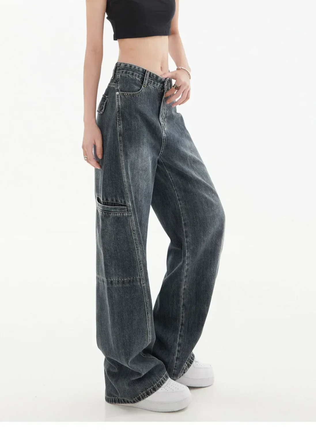 Свободные потертые джинсы-карго в стиле ретро - Фотография_5