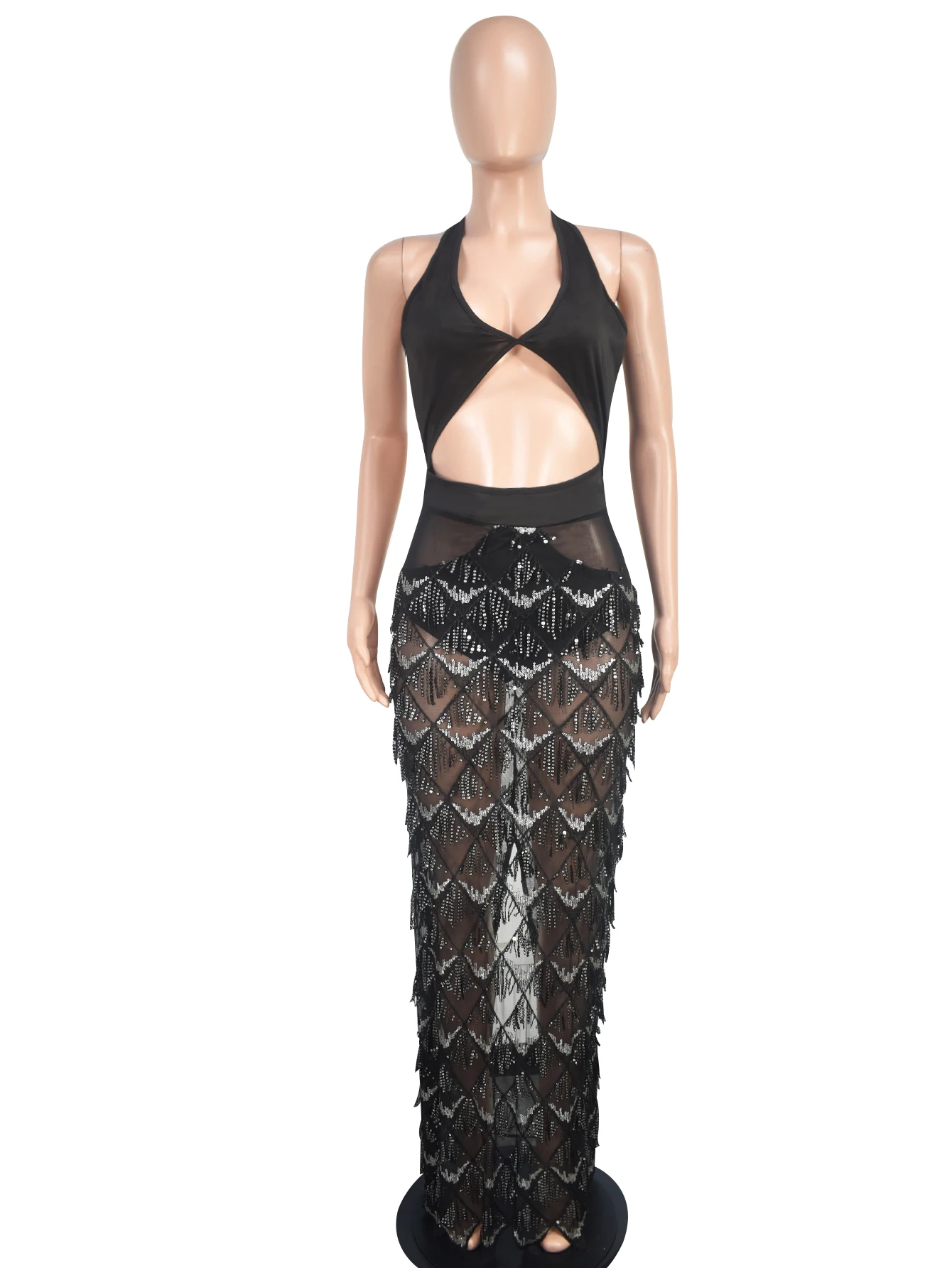 Женское модное платье с подвесным воротником и сеткой - Фотография_3