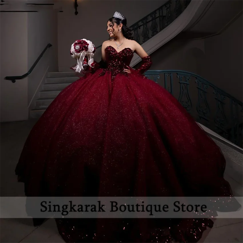 Блестящее винно-красное платье quinceanera sweet 16 - Фотография_2