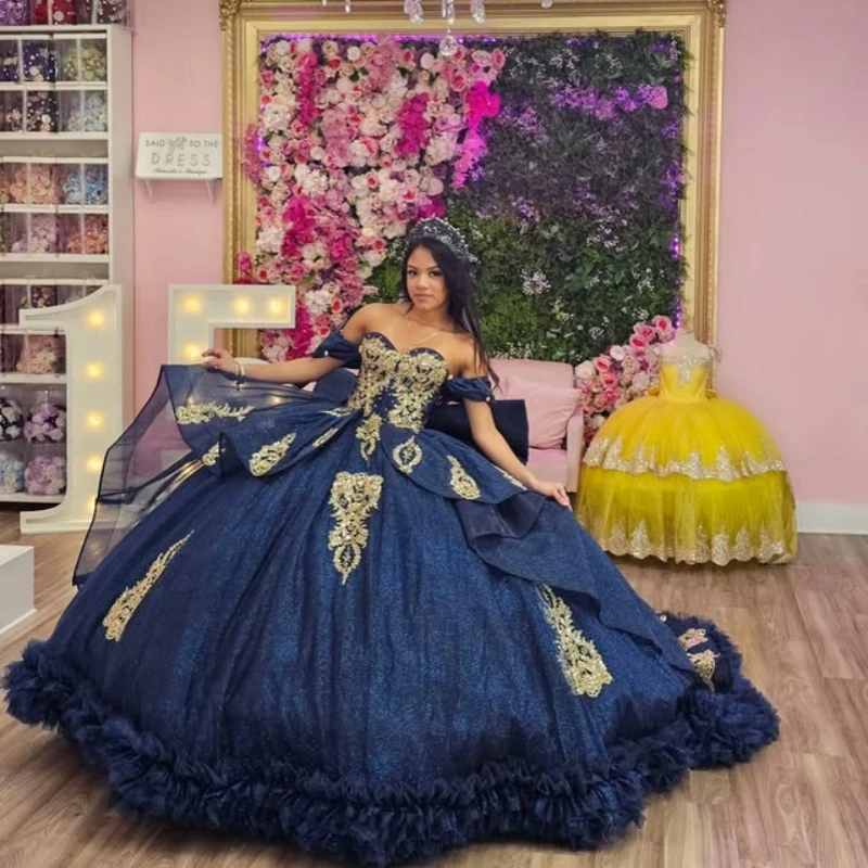 Блестящие темно-синие платья quinceanera