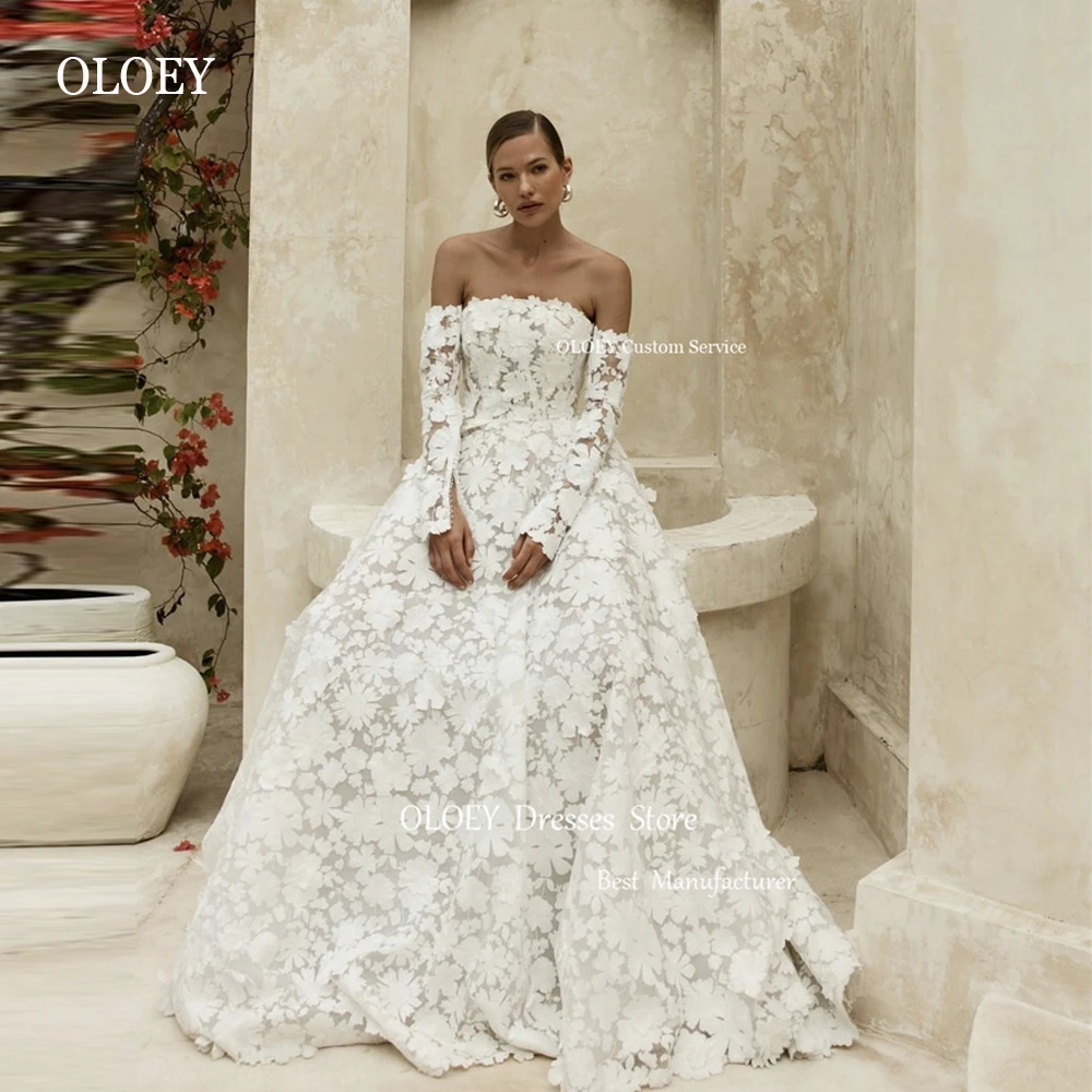 Изысканные кружевные свадебные платья-трапеции oloey с длинным рукавом