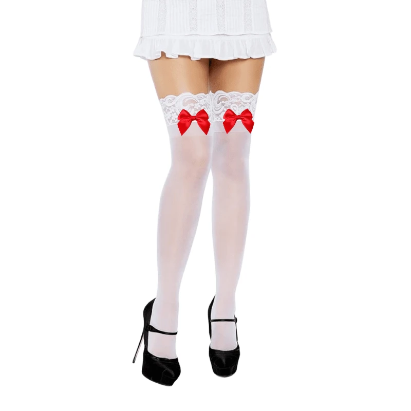 Белые прозрачные чулки с красным бантом для девочек