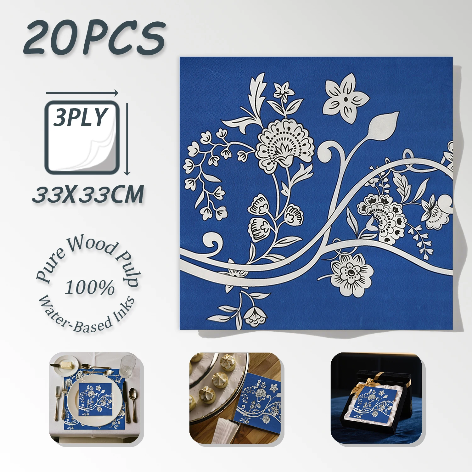 Синий фон, белые цветочные лозы