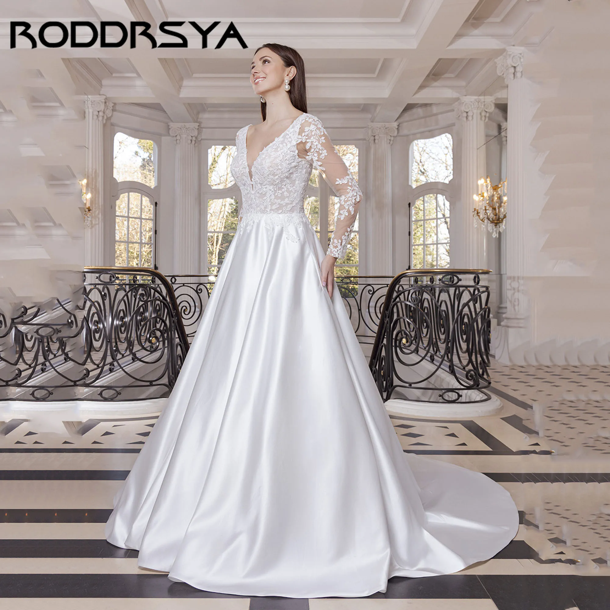 Roddrsya атласное свадебное платье с длинными рукавами и аппликацией