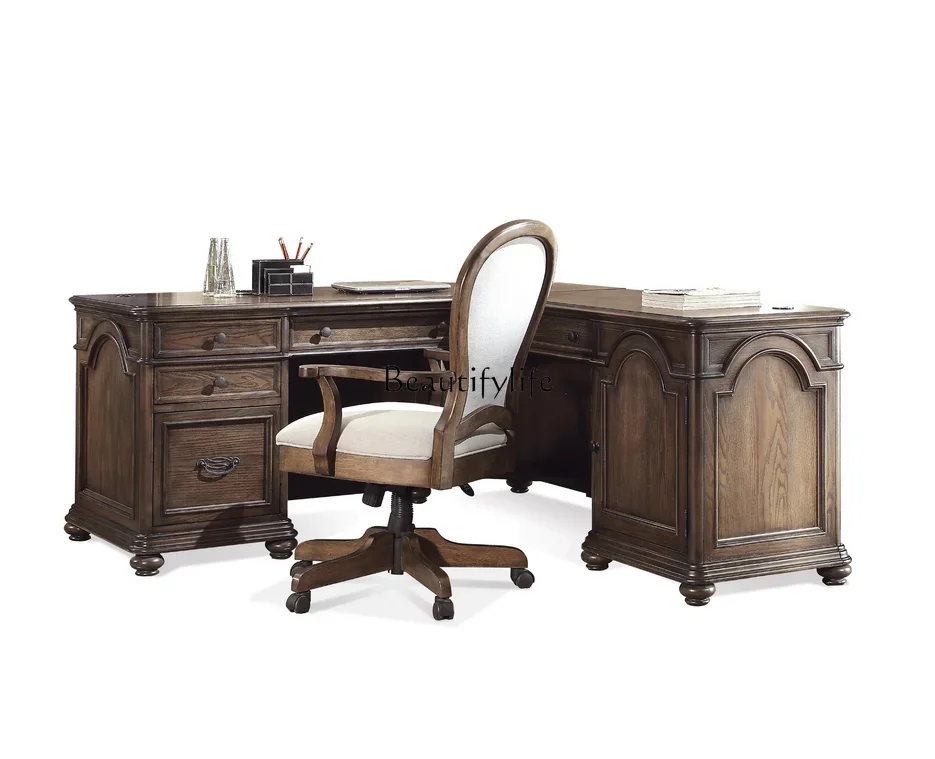 Jj *европейский ретро-старый учебный дубовый угловой стол - Фотография_3