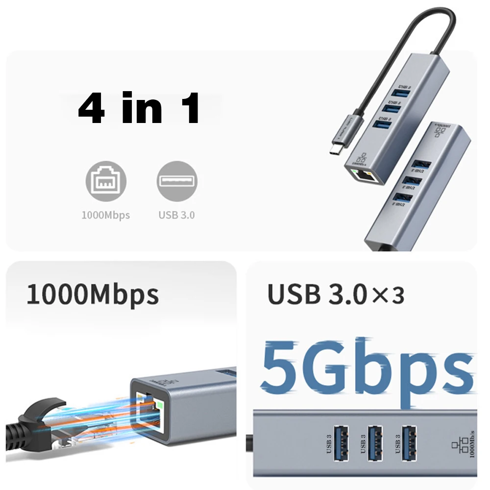 Док-станция usb c hub тип c к rj45 адаптер ethernet 1000 мбит/с usb3 - Фотография_2