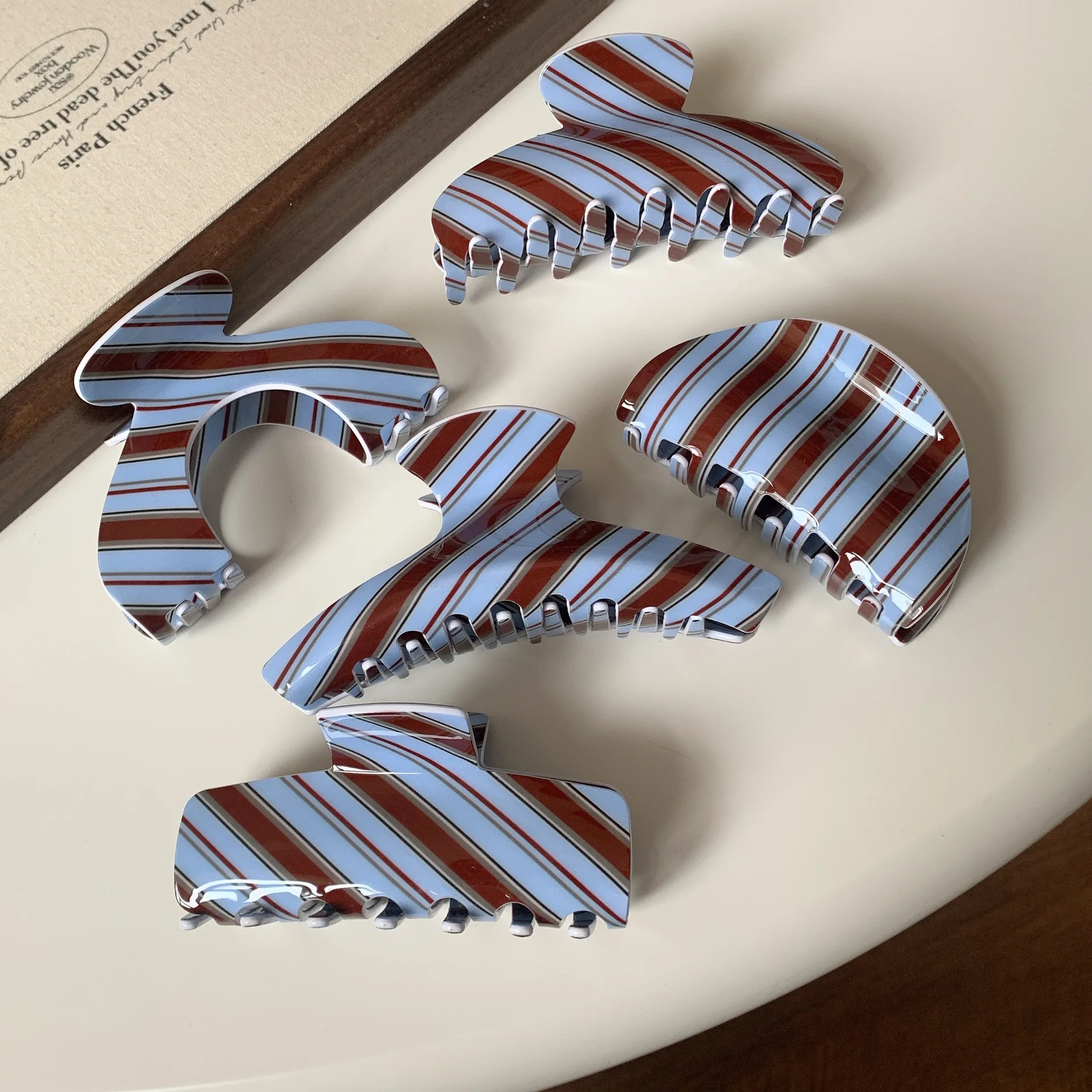 Новые ретро синие коричневые полосатые заколки для волос - Фотография_3