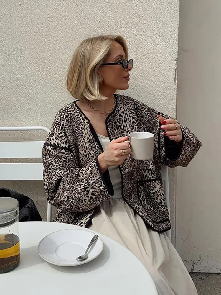 Новое осеннее стеганое пальто с леопардовым принтом для женщин - Фотография_2