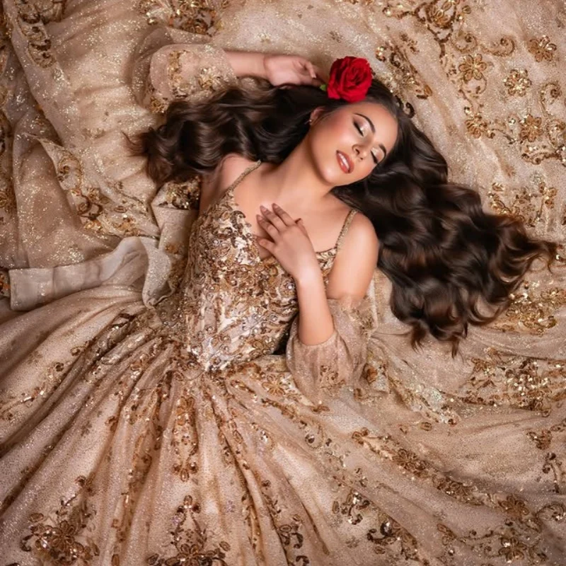 Блестящие золотые платья quinceanera - Фотография_2