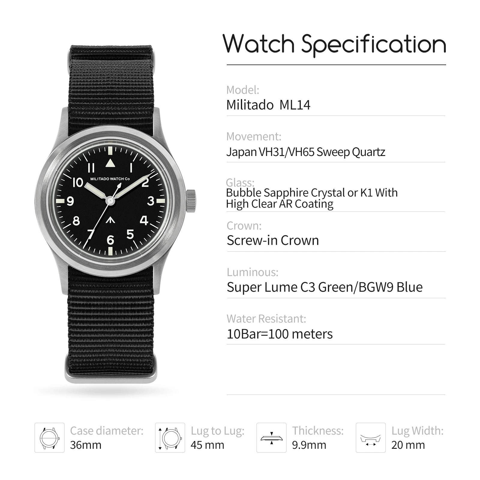 Militado ml14 36 мм часы vh31 sweep - Фотография_3