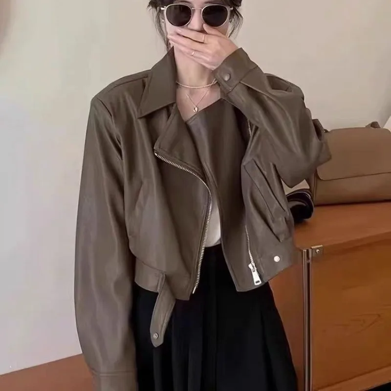 Y2k женская короткая кожаная куртка - Фотография_2