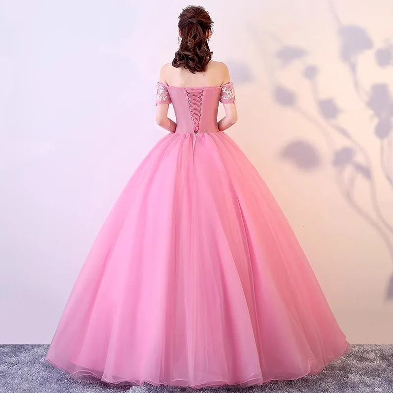 Розовое бальное платье 15-летние платья quinceanera с кружевным цветком - Фотография_4