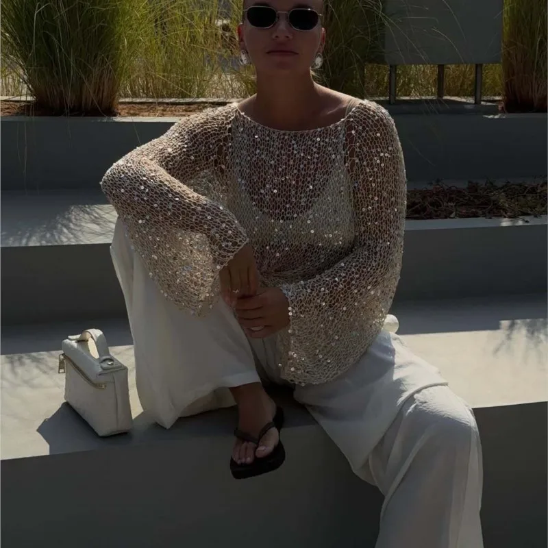 Модные сексуальные прозрачные блестящие топы с вырезами - Фотография_2