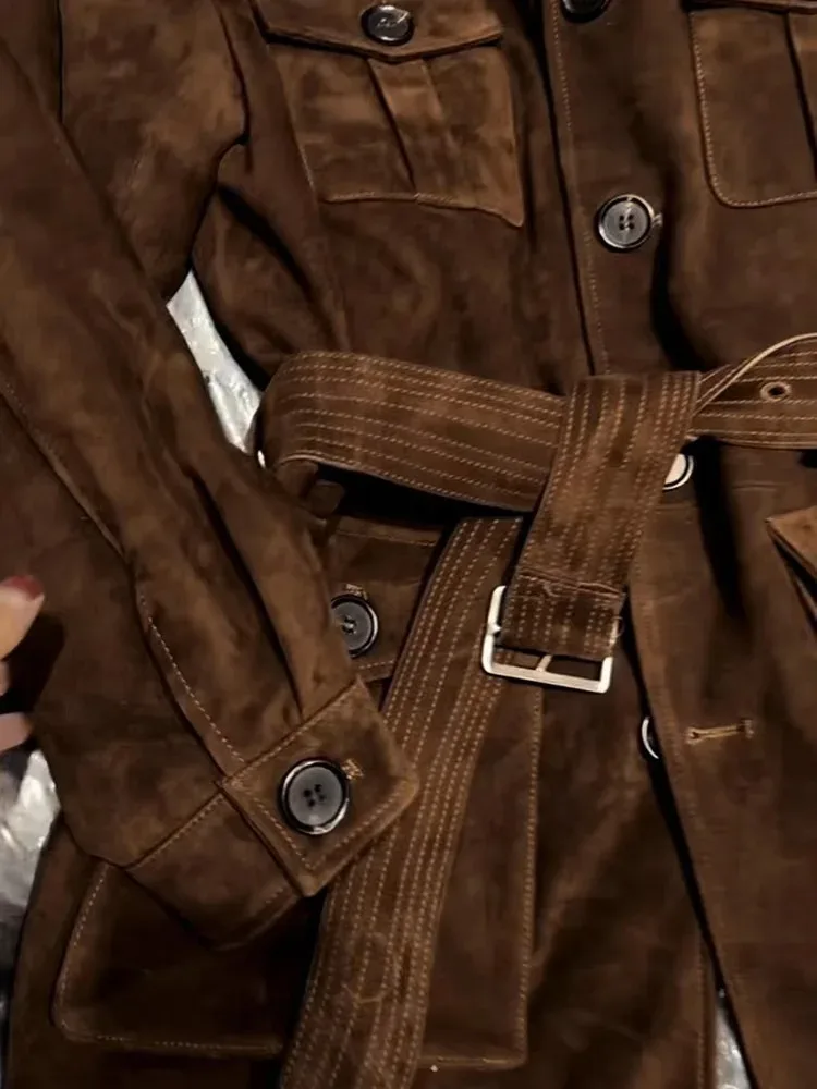 Женская импортная детская замшевая длинная куртка в стиле ретро - Фотография_5