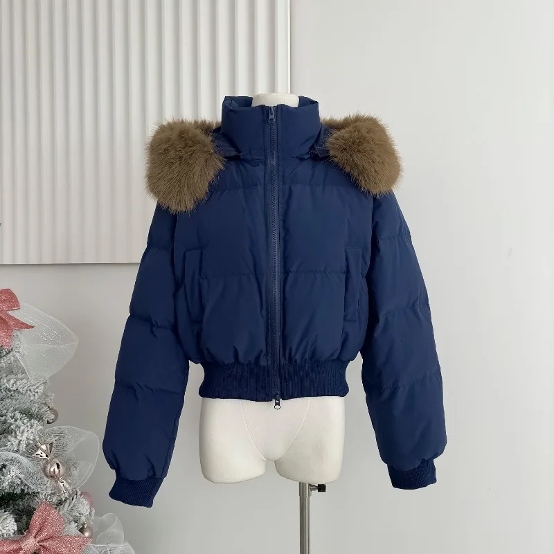 Зимние короткие хлопковые пальто с капюшоном из искусственного воротника
