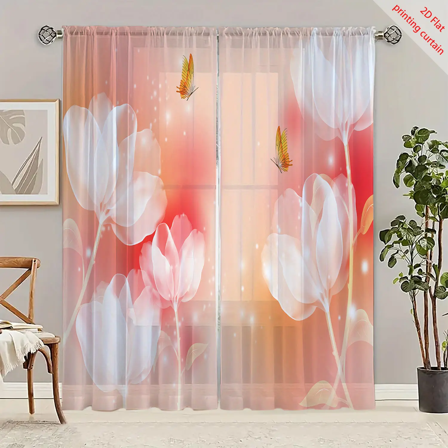 Прозрачная марлевая занавеска с фиолетовым цветочным принтом - Фотография_4