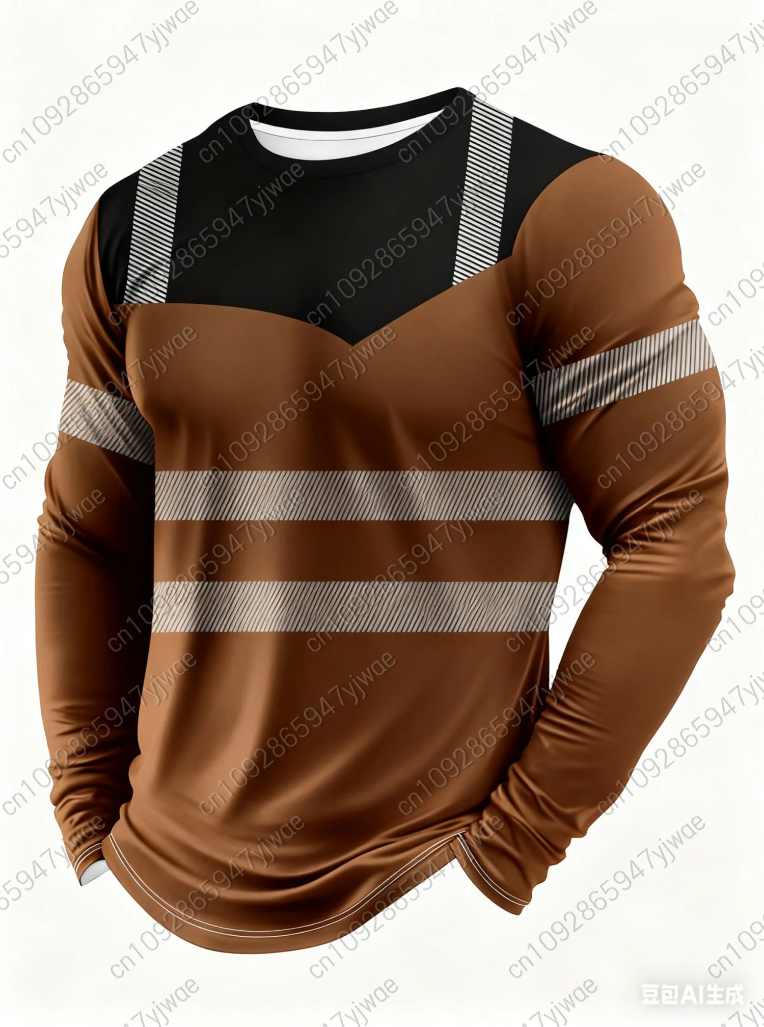 Осенняя мужская полосатая рабочая футболка с длинным рукавом 2024 - Фотография_2