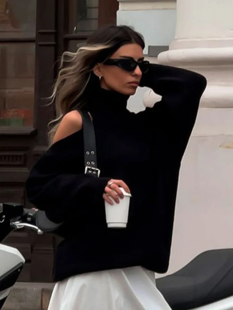 Модный женский новый вязаный свитер с высоким воротом и открытыми плечами - Фотография_5