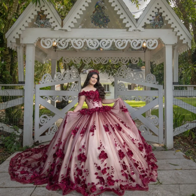 Индивидуальные винно-красные платья quinceanera с открытыми плечами - Фотография_2