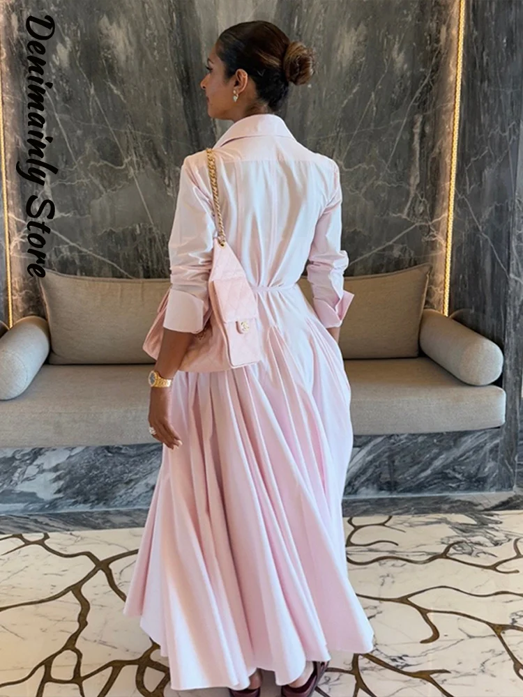 Повседневное женское длинное платье в полоску с откидным поясом - Фотография_5