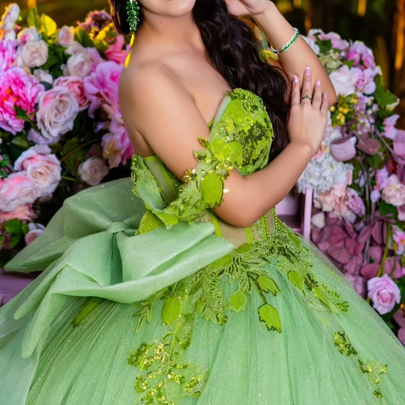 Блестящие платья quinceanera с открытыми плечами шалфея - Фотография_2