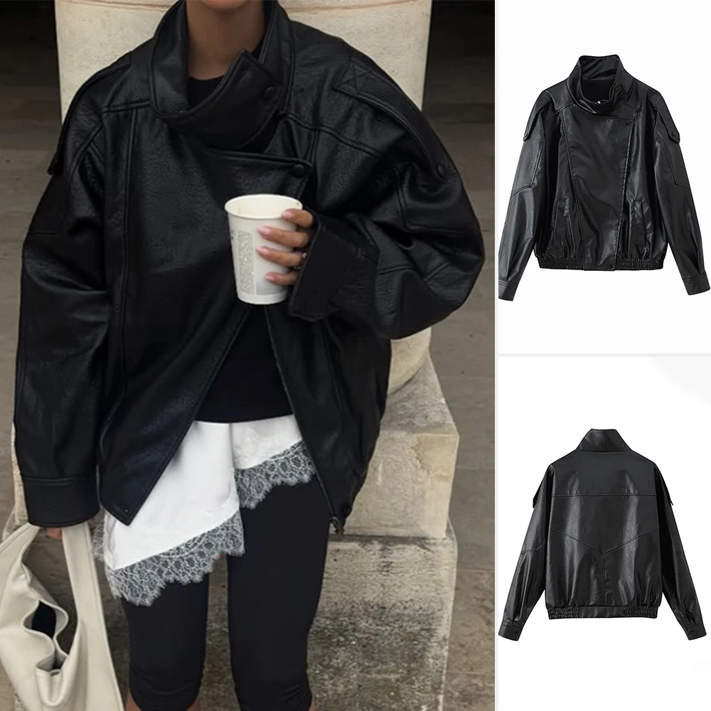 Женская кожаная куртка с длинным рукавом и воротником-стойкой
