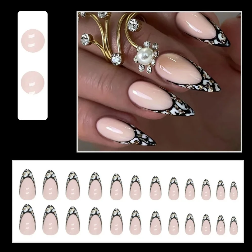 Черные леопардовые миндалевидные накладные ногти - Фотография_2