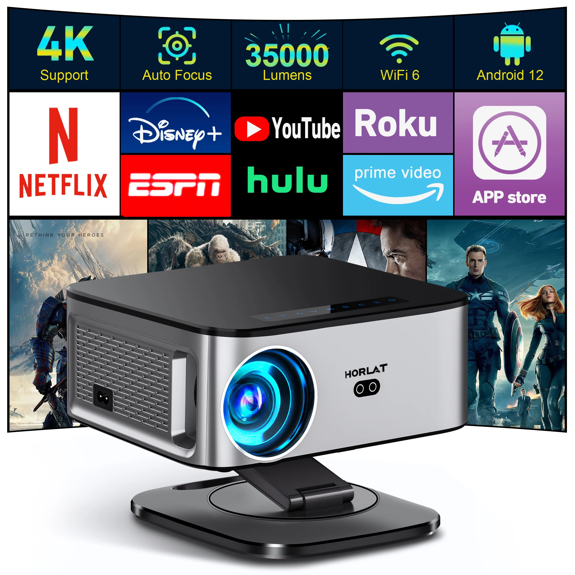 Horlat 35000 люмен 4k uhd проектор android 12 wifi 6 bt5