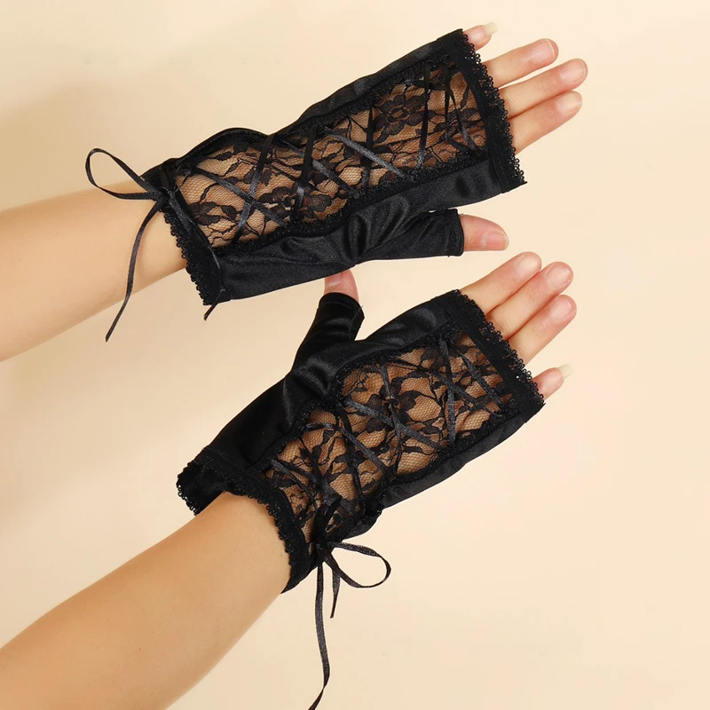 Женские черные сексуальные перчатки с открытыми пальцами - Фотография_2
