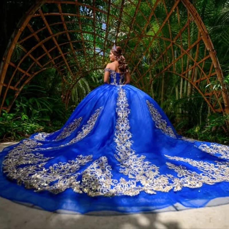 Королевское синее платье quinceanera с открытыми плечами - Фотография_5