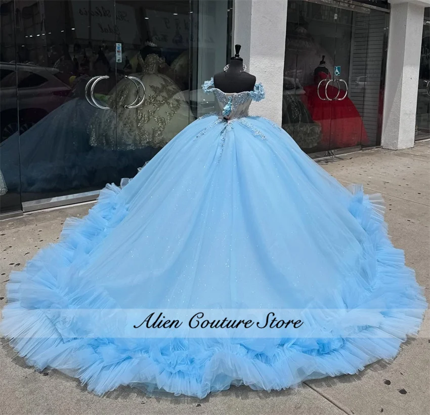 Небесно-голубое платье принцессы quinceanera - Фотография_3