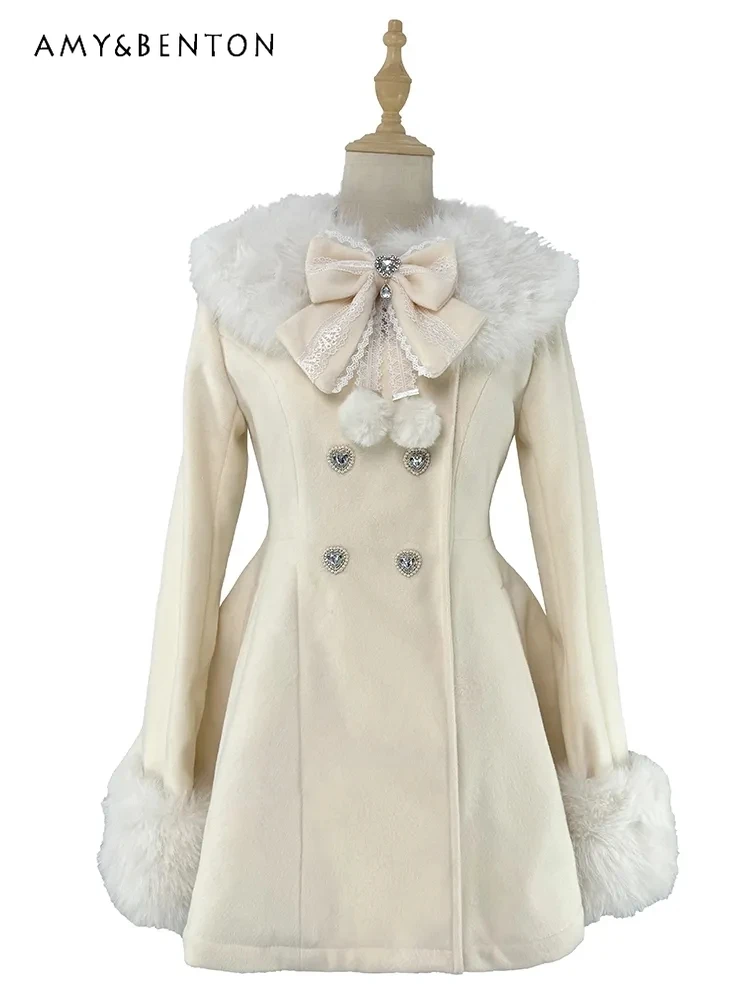 Черное шерстяное пальто в японском стиле с милым бантом для женщин - Фотография_5